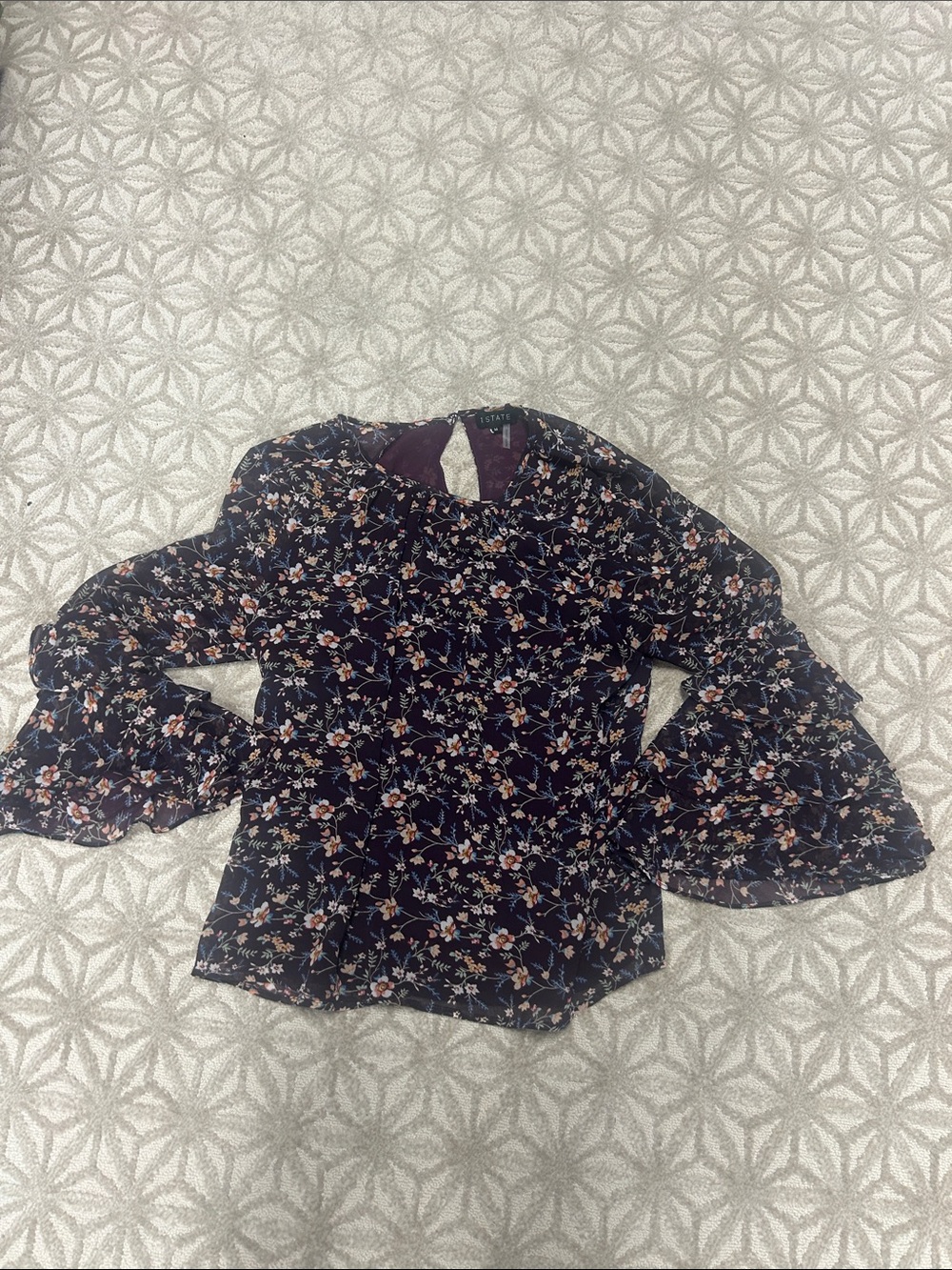 Nordstrom Navy Floral Ruffle-Sleeve Blouse